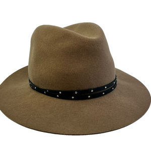 Rag & Bone Tan Fedora Hat Black Leather Band Silver Metal Studs Medium Wool